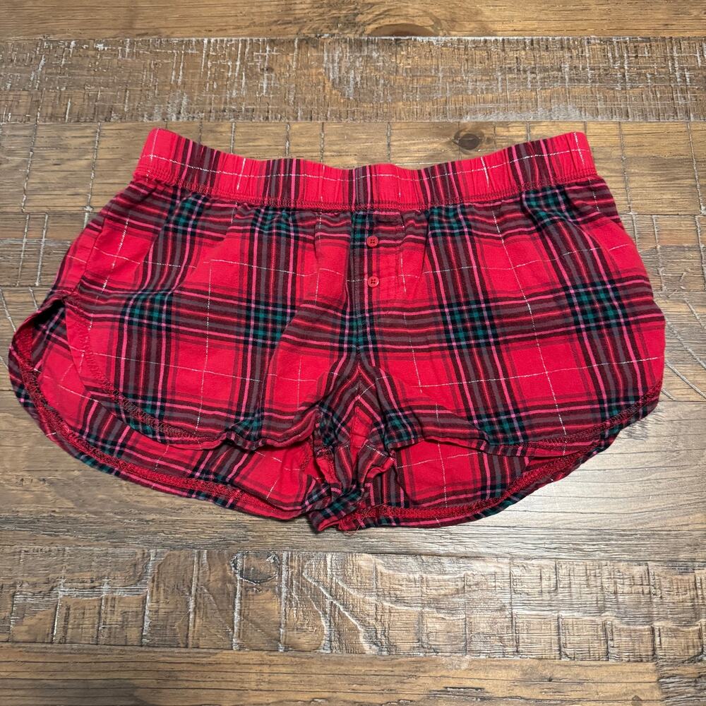 Xhilaration Womens XS Red Plaid Flannel Boxer Short Metallic Lurex Shimmer Sleep